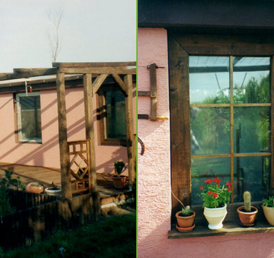 Alle Fenster der Garagenrückwand (links) wurden für die Veranda verkleidet (rechts)