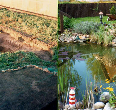 Der Gartenteich - nach dem Ausheben (links) und später mit Bepflanzung (rechts)